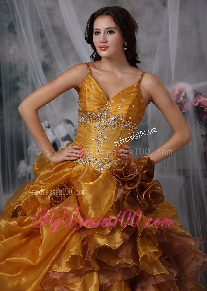 Brown Ball Gown Straps Beading and Appliques Quinceanera Dress Pick-ups